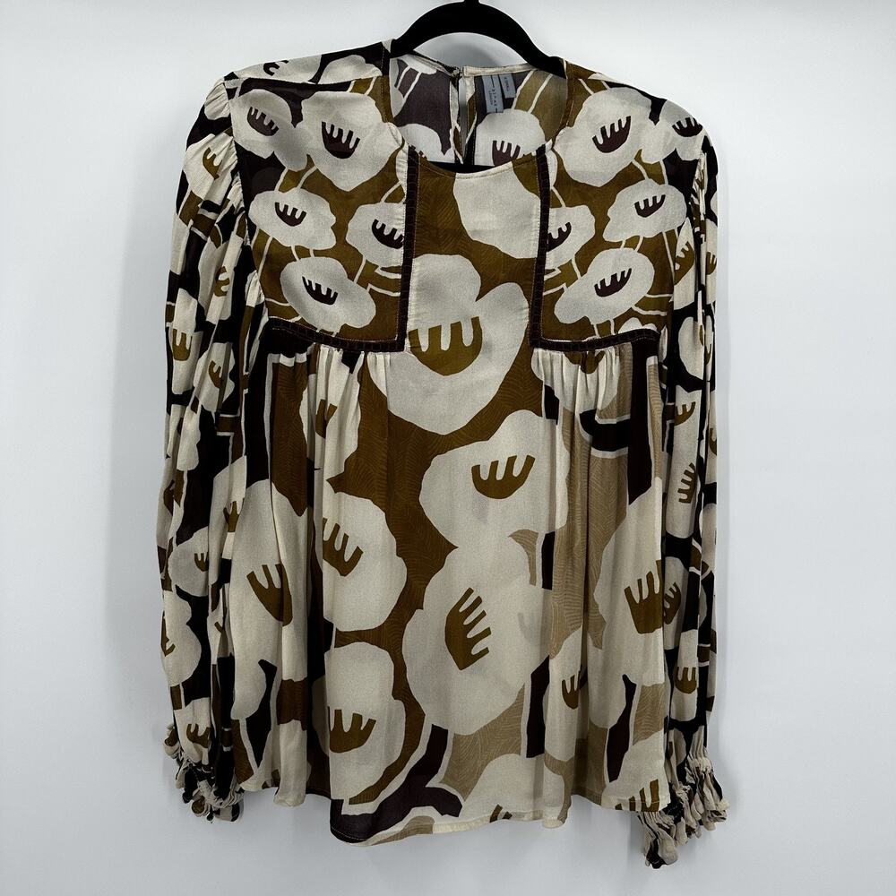 Blank London Blouse‎ Womens XS Brown White Floral Long Sleeve Boho Top Neutral